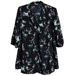 Liz Lange Maternity Black Abstract Floral V-Neck 3/4 Sleeve Tunic Blouse Large